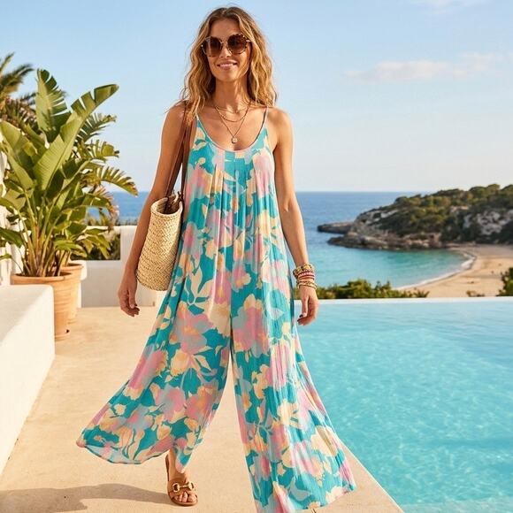 Cozy Casual Pants - Cozy Co Boho Floral Wide Leg Resortwear Jumpsuit Size L